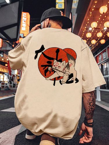 Mens Japanese Style Cat Print Crew Neck Short Sleeve T-Shirts Winter - ChArmkpR - Modalova
