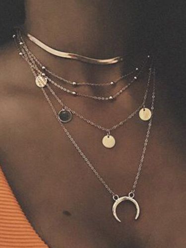 Collar bohemio de plata multicapa y oro, cadena de cuentas redondas, collar de luna Colgante para Mujer - Newchic - Modalova