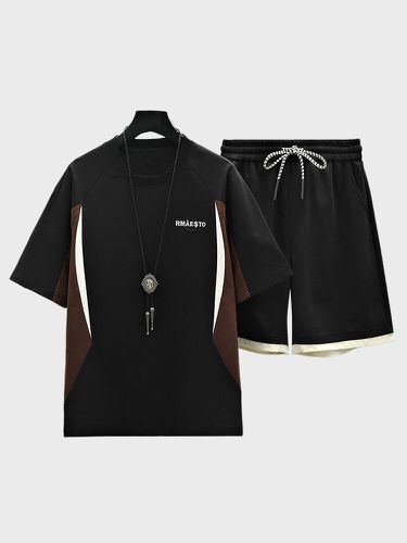 Mens Letter Pattern Patchwork Drawstring Waist Short Sleeve Two Pieces Outfits - ChArmkpR - Modalova