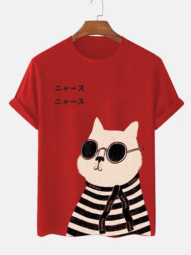 Mens Cartoon Cat Japanese Print Crew Neck Short Sleeve T-Shirts Winter - ChArmkpR - Modalova