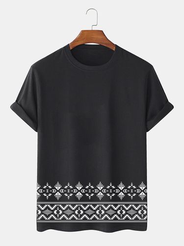Mens Monochrome Ethnic Geometric Print Crew Neck Short Sleeve T-Shirts Winter - ChArmkpR - Modalova