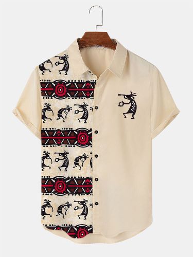 Mens Ethnic Animal Geometric Print Patchwork Short Sleeve Shirts Winter - ChArmkpR - Modalova