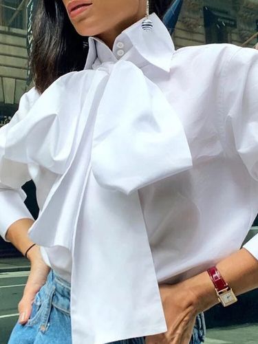 Women Solid Bowknot Button Front Casual Long Sleeve Shirt - Celmia - Modalova