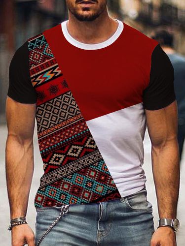 Camisetas de manga corta con patchwork de bloques de color y estampado geométrico étnico para hombre - ChArmkpR - Modalova