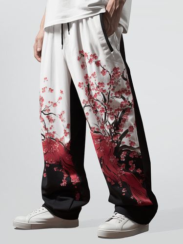 Mens Japanese Floral Print Patchwork Drawstring Waist Straight Pants - ChArmkpR - Modalova
