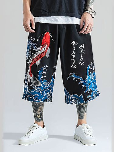 Mens Japanese Carp Waves Print Casual Loose Cropped Pants - ChArmkpR - Modalova