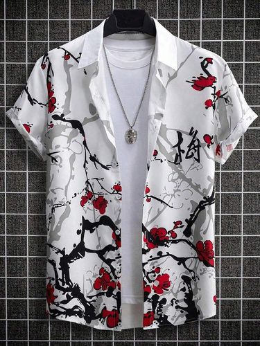 Camisas de manga corta con cuello de solapa y estampado de flor de ciruelo para hombre - ChArmkpR - Modalova