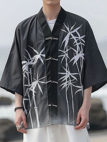 Mens Bamboo Print Frog Button Open Front 3/4 Length Sleeve Kimono - ChArmkpR - Modalova