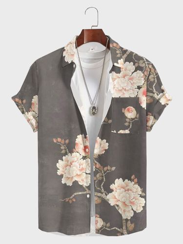 Mens Chinese Floral Print Lapel Chest Pocket Short Sleeve Shirts - ChArmkpR - Modalova