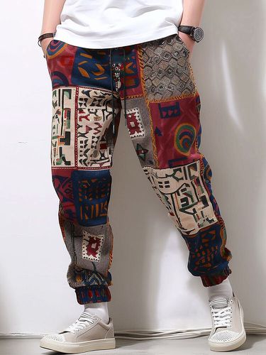 Bolsillos laterales con estampado étnico geométrico para hombre Cintura con cordón Pantalones - ChArmkpR - Modalova