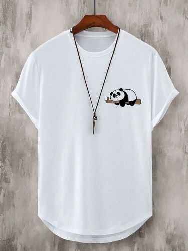 Mens Cartoon Panda Print Curved Hem Casual Short Sleeve T-Shirts Winter - ChArmkpR - Modalova