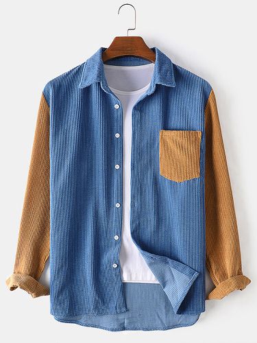Camisas sueltas de manga larga con bloques de color de pana para hombre con bolsillo en contraste - ChArmkpR - Modalova