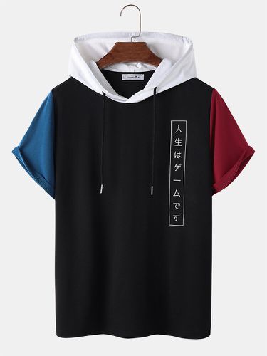 Mens Japanese Print Patchwork Short Sleeve Hooded T-Shirts - ChArmkpR - Modalova