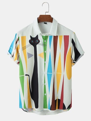 Hombre Black Gato Colorful Camisas de manga corta con solapa y estampado a rayas - ChArmkpR - Modalova