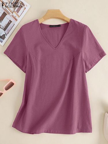 Camiseta informal de manga corta con cuello en V liso para Mujer - ZANZEA - Modalova