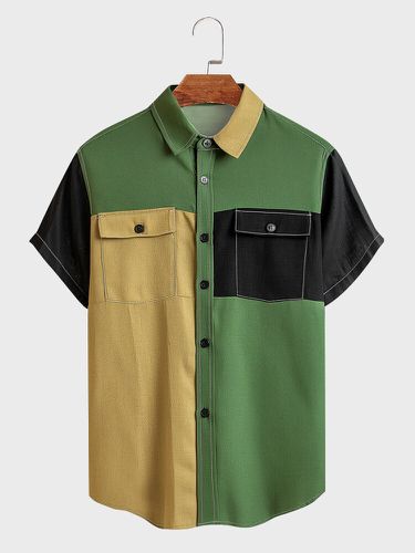 Mens Color Block Patchwork Lapel Collar Short Sleeve Shirts - ChArmkpR - Modalova