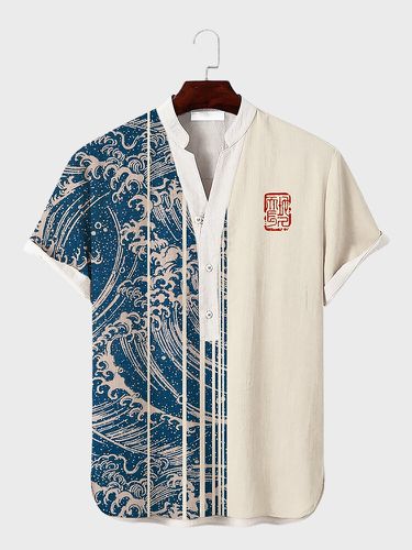 Camisas holgadas informales con muescas y retazos con estampado de ondas para hombre Cuello - ChArmkpR - Modalova