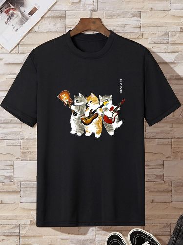Mens Japanese Cat Guitar Print Crew Neck Short Sleeve T-Shirts - ChArmkpR - Modalova