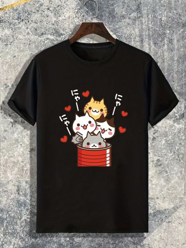 Mens Cartoon Heart Cat Print Crew Neck Short Sleeve T-Shirts - ChArmkpR - Modalova
