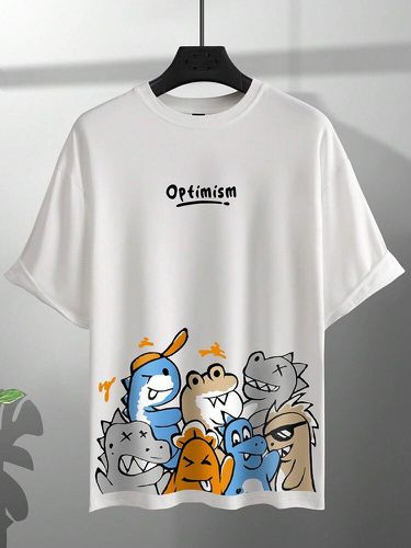 Mens Cartoon Dinosaur Letter Print Crew Neck Short Sleeve T-Shirts Winter - ChArmkpR - Modalova