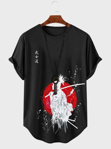 Mens Japanese Warrior Figure Print Curved Hem Short Sleeve T-Shirts - ChArmkpR - Modalova