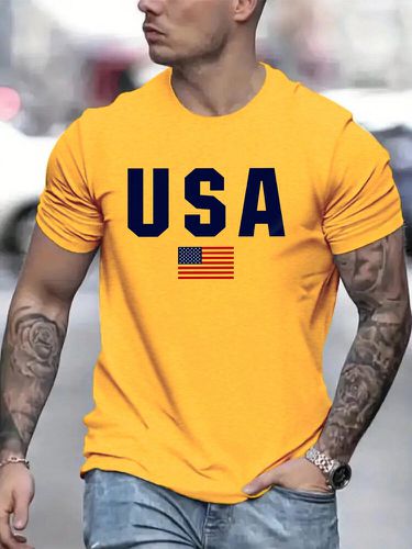 Mens American Flag Letter Print Crew Neck Short Sleeve T-Shirts - ChArmkpR - Modalova