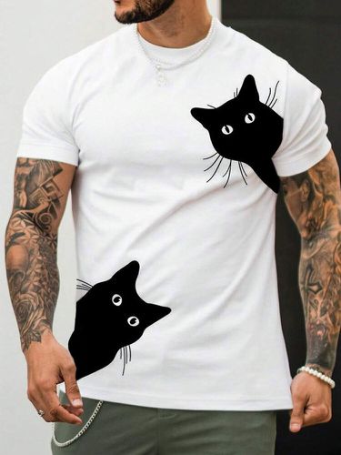 Mens Cartoon Black Cat Print Crew Neck Short Sleeve T-Shirts Winter - ChArmkpR - Modalova