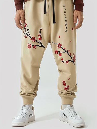 Mens Casual Drawstring Waist Japanese Plum Bossom Print Pants - ChArmkpR - Modalova