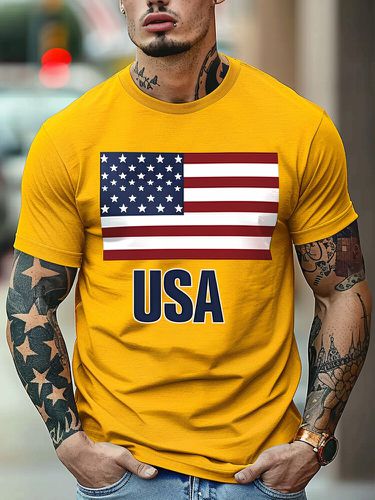 Mens American Flag Letter Graphic Crew Neck Short Sleeve T-Shirts - ChArmkpR - Modalova