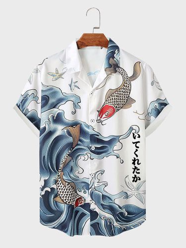 Mens Japanese Carp Waves Print Casual Short Sleeve Shirts - ChArmkpR - Modalova