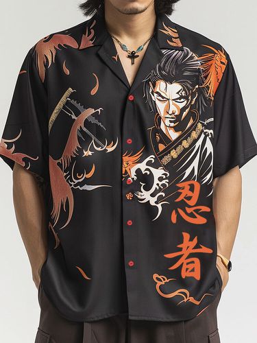 Mens Japanese Ninja Figure Painting Print Revere Collar Casual Shirts - ChArmkpR - Modalova