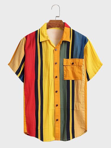 Mens Colorful Striped Chest Pocket Lapel Collar Shirts - ChArmkpR - Modalova
