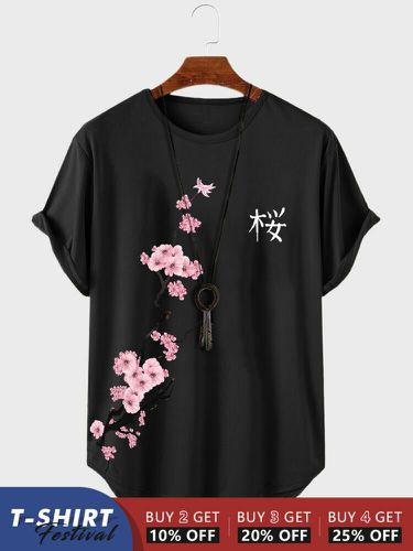 Camisetas de manga corta con dobladillo curvado y estampado de flores de cerezo japonés para hombre Cuello - ChArmkpR - Modalova