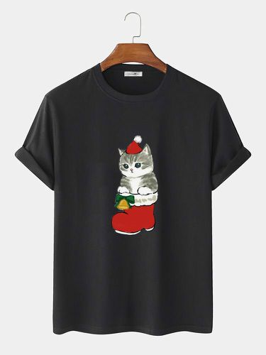Mens Cute Christmas Cat Graphic Crew Neck Short Sleeve T-Shirts Winter - ChArmkpR - Modalova