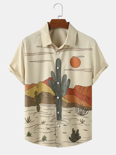 Mens Cactus Desert Landscape Print Button Up Short Sleeve Shirts - ChArmkpR - Modalova