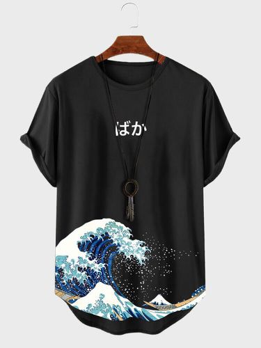 Mens Japanese Ukiyoe Print Curved Hem Short Sleeve T-Shirts - ChArmkpR - Modalova