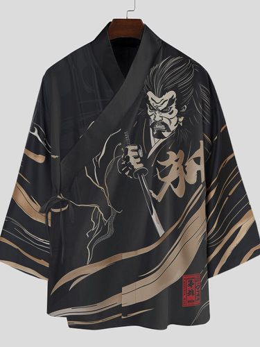 Mens Ninja Figure Painting Print Diagonal Placket 3/4 Length Sleeve Kimono - ChArmkpR - Modalova