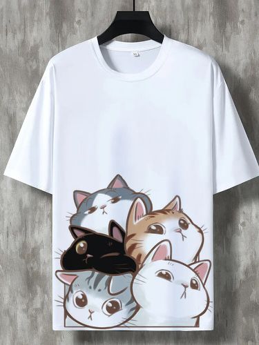 Mens Cute Cartoon Cat Print Crew Neck Short Sleeve T-Shirts Winter - ChArmkpR - Modalova