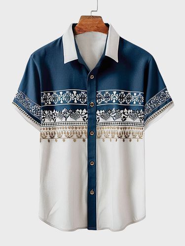 Mens Ethnic Print Patchwork Lapel Button Up Short Sleeve Shirts - ChArmkpR - Modalova