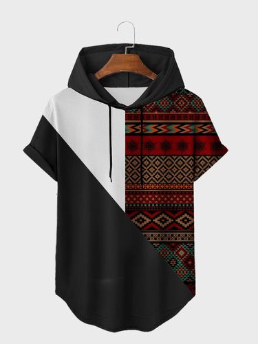 Mens Ethnic Pattern Curved Hem Hooded Short Sleeve T-Shirts - ChArmkpR - Modalova