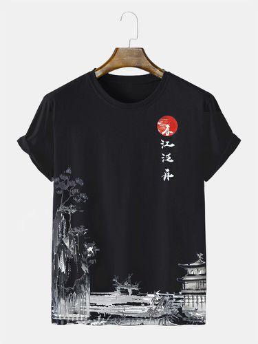 Mens Chinese Landscape Print Crew Neck Short Sleeve T-Shirts Winter - ChArmkpR - Modalova