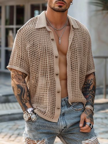 Camisas holgadas de manga corta con cuello de solapa de malla sólida para hombre - ChArmkpR - Modalova