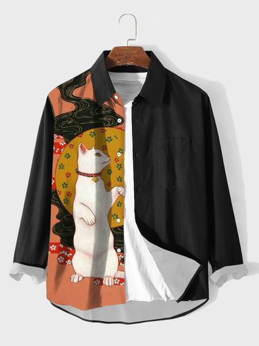 Mens Japanese Cat Print Patchwork Lapel Long Sleeve Shirts Winter - ChArmkpR - Modalova
