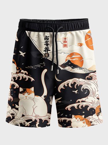 Pantalones cortos con cordón en la cintura con estampado Japanese Wave Gato para hombre - ChArmkpR - Modalova