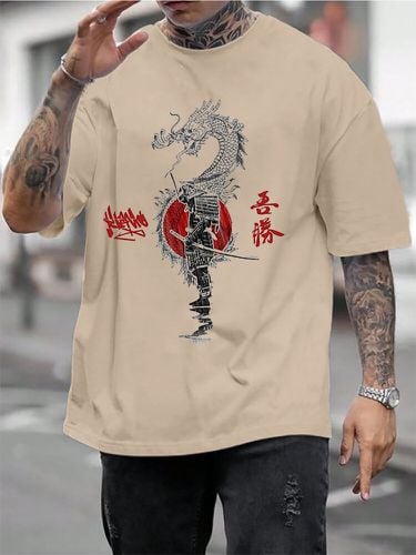 Mens Japanese Warrior Dragon Print Crew Neck Short Sleeve T-Shirts - ChArmkpR - Modalova