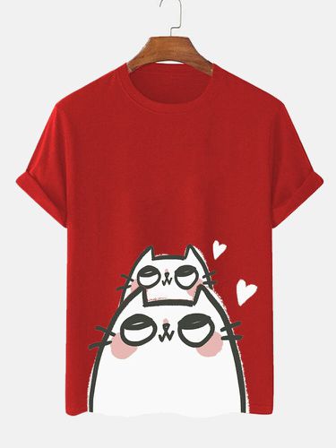 Mens Cartoon Cat Heart Print Crew Neck Short Sleeve T-Shirts - ChArmkpR - Modalova