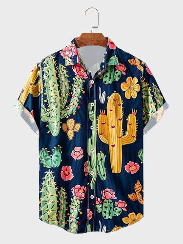 Camisas informales de manga corta con cuello de solapa y estampado de cactus para hombre - ChArmkpR - Modalova