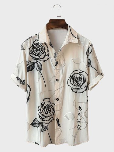 Mens Japanese Roses Print Lapel Collar Short Sleeve Shirts - ChArmkpR - Modalova