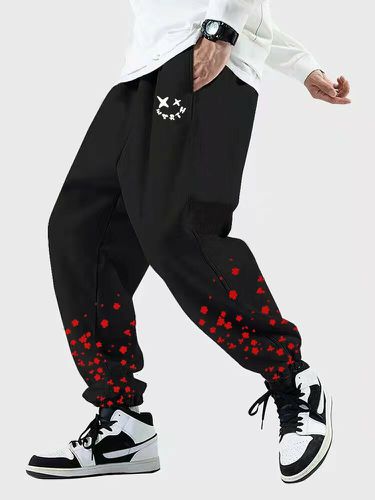 Pantalones de chándal con cordón y estampado floral de cara divertida para hombre con bolsillo - ChArmkpR - Modalova