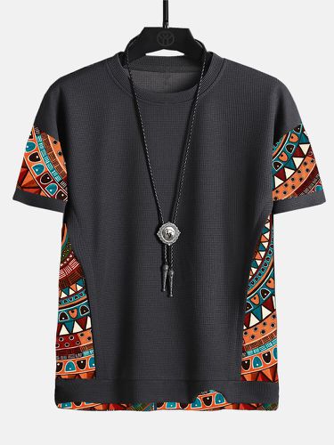 Mens Ethnic Geometric Pattern Stitching Texture Short Sleeve Streetwear T-Shirts - ChArmkpR - Modalova